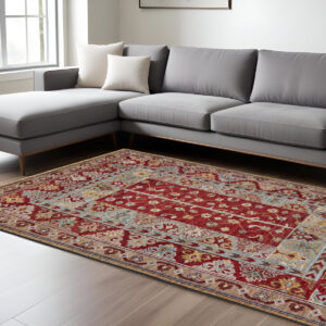 8' X 10' Blue and Red Wool Floral Hand Knotted Distressed Area Rug With Fringe