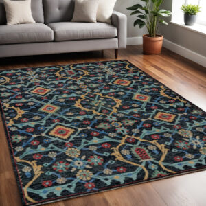 5' X 8' Blue Yellow And Red Wool Floral Hand Knotted Distressed Stain Resistant Area Rug With Fringe