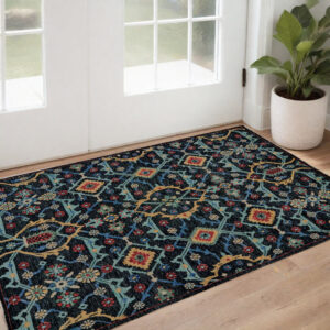 2' X 3' Blue Yellow And Red Wool Floral Hand Knotted Distressed Stain Resistant Area Rug With Fringe