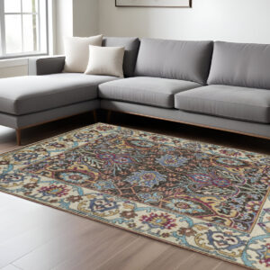 10' X 13' Ivory Brown And Blue Wool Floral Hand Knotted Distressed Stain Resistant Area Rug With Fringe