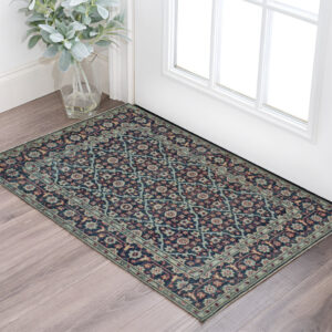 2' X 3' Blue and Green Wool Floral Hand Knotted Distressed Area Rug With Fringe