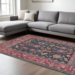 8' X 10' Pink Blue And Orange Wool Floral Hand Knotted Distressed Stain Resistant Area Rug With Fringe