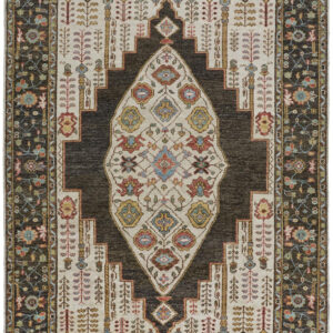 5' X 8' Brown Yellow And Green Wool Floral Hand Knotted Distressed Stain Resistant Area Rug With Fringe