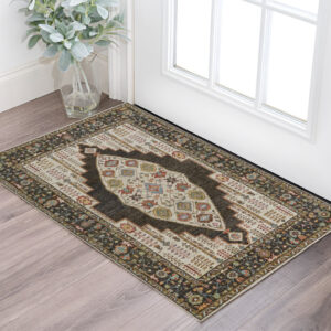 2' X 3' Green and Ivory Wool Floral Hand Knotted Distressed Area Rug With Fringe