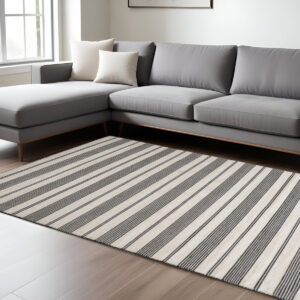 10' X 14' Black And White Striped Dhurrie Hand Woven Stain Resistant Area Rug