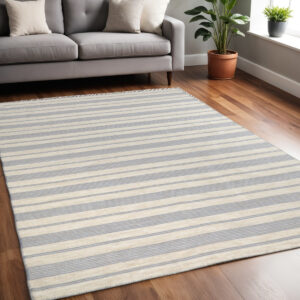 5' X 8' Blue Ivory And Tan Striped Dhurrie Hand Woven Stain Resistant Area Rug