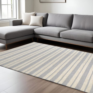 8' X 11' Blue Ivory And Tan Striped Dhurrie Hand Woven Stain Resistant Area Rug