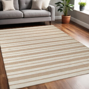 5' X 8' Ivory Taupe And Brown Striped Dhurrie Hand Woven Stain Resistant Area Rug