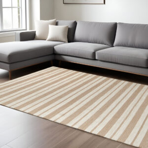 10' X 14' Ivory Taupe And Brown Striped Dhurrie Hand Woven Stain Resistant Area Rug