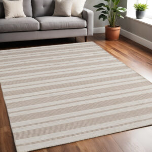 5' X 8' Ivory And Taupe Striped Dhurrie Hand Woven Stain Resistant Area Rug