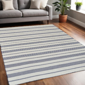 5' X 8' Blue And Ivory Striped Dhurrie Hand Woven Stain Resistant Area Rug
