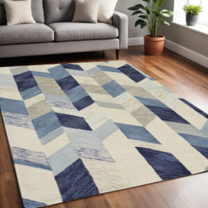5' X 8' Blue and Ivory Wool Geometric Hand Tufted Area Rug
