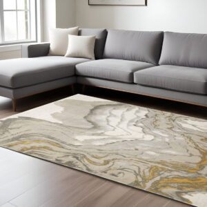 7' X 10' Gold Ivory and Gray Abstract Area Rug