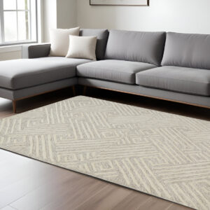 8' X 11' Tan And Ivory Wool Geometric Tufted Handmade Stain Resistant Area Rug