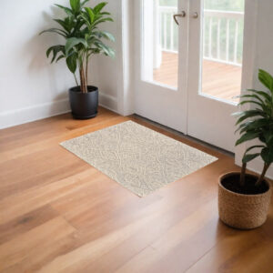 2' X 3' Tan And Ivory Wool Geometric Tufted Handmade Stain Resistant Area Rug