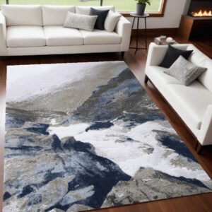 5' X 7' Blue Gray And White Abstract Stain Resistant Area Rug