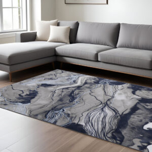 7' X 10' Blue Gray and Ivory Abstract Power Loom Non Skid Area Rug