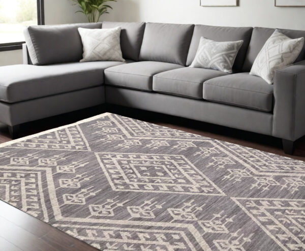 9' X 12' Gray Ivory And Blue Wool Geometric Dhurrie Flatweave Handmade Area Rug With Fringe