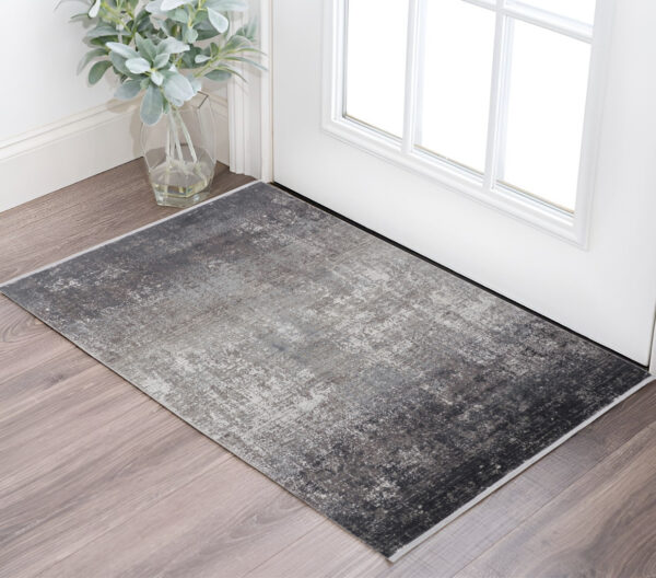 2' X 3' Gray and Black Abstract Power Loom Distressed Area Rug With Fringe