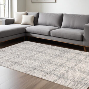 8' X 10' Ivory And Gray Wool Plaid Tufted Handmade Stain Resistant Area Rug