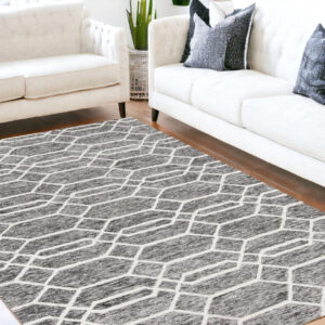 5' X 8' Gray Black And Ivory Wool Geometric Tufted Handmade Stain Resistant Area Rug