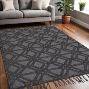 5' X 8' Black and Gray Wool Geometric Hand Woven Area Rug With Fringe