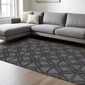 8' X 10' Black and Gray Wool Geometric Hand Woven Area Rug With Fringe