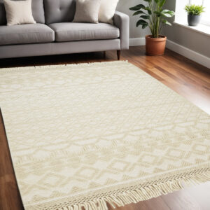 5' X 8' Ivory Wool Geometric Hand Woven Area Rug With Fringe