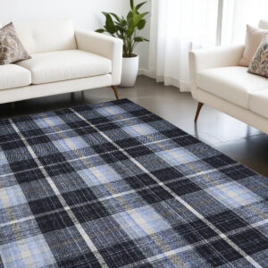 8' X 10' Black Blue And White Abstract Hand Woven Stain Resistant Area Rug