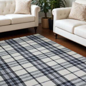 8' X 10' Ivory Blue And Black Abstract Hand Woven Stain Resistant Area Rug