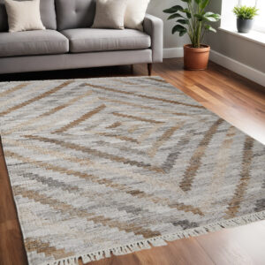 5' X 8' Gray and Ivory Geometric Hand Woven Area Rug With Fringe