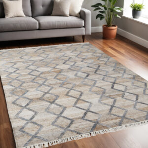 5' X 8' Gray and Ivory Geometric Hand Woven Area Rug With Fringe