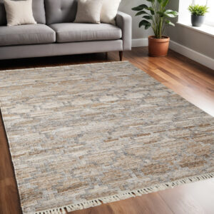 5' X 8' Tan and Gray Geometric Hand Woven Area Rug With Fringe