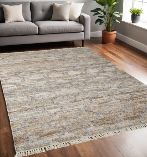 5' X 8' Tan and Gray Geometric Hand Woven Area Rug With Fringe