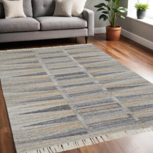 5' X 8' Tan Gray And Taupe Geometric Hand Woven Stain Resistant Area Rug With Fringe