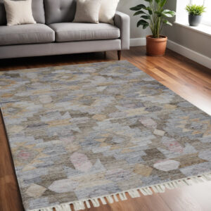 5' X 8' Gray and Blue Geometric Hand Woven Area Rug With Fringe