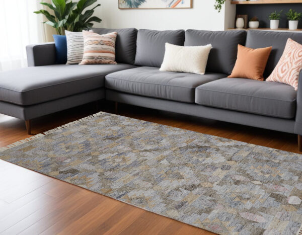 10' X 13' Gray and Brown Geometric Hand Woven Area Rug With Fringe