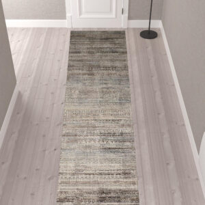 12' Ivory Gray And Black Abstract Distressed Runner Rug With Fringe