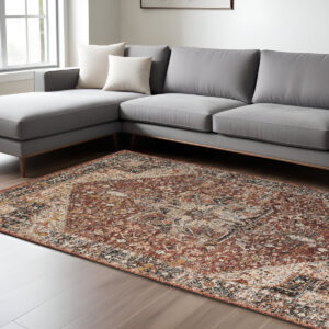 7' X 10' Red and Ivory Abstract Distressed Area Rug With Fringe