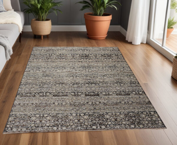 4' X 6' Gray Ivory And Tan Abstract Distressed Area Rug With Fringe