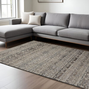 7' X 10' Gray Ivory And Tan Abstract Distressed Area Rug With Fringe