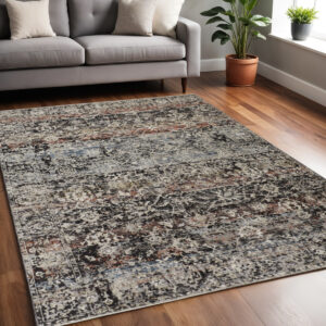 5' X 8' Gray and Black Abstract Distressed Area Rug With Fringe
