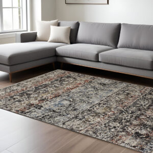 7' X 10' Gray and Black Abstract Distressed Area Rug With Fringe