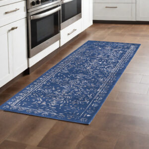 8' Blue and Silver Wool Floral Hand Tufted Distressed Runner Rug