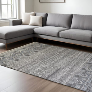 10' X 13' Gray and Ivory Geometric Hand Knotted Area Rug