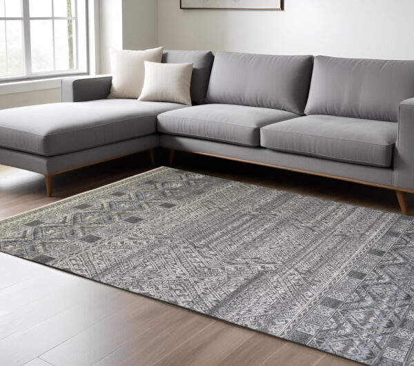10' X 13' Gray and Ivory Geometric Hand Knotted Area Rug