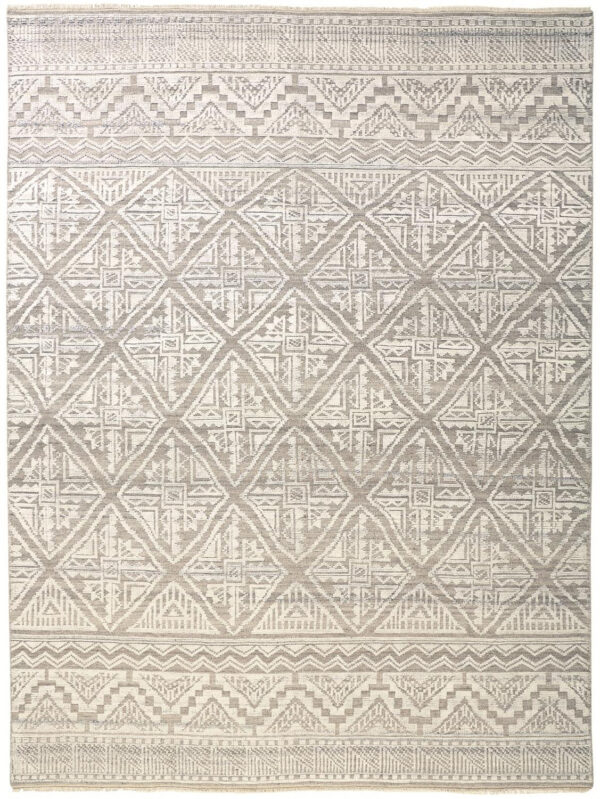 10' X 13' Ivory Tan And Gray Geometric Hand Knotted Area Rug