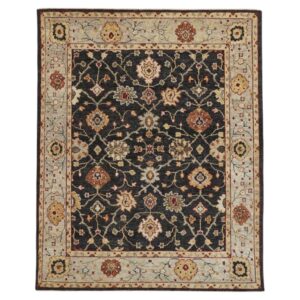 9' X 12' Black Gold And Gray Wool Floral Hand Knotted Stain Resistant Area Rug With Fringe