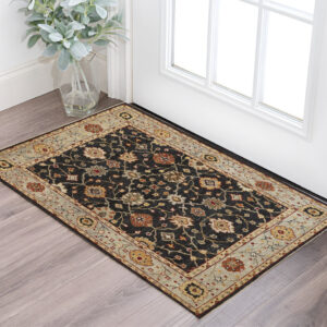 2' X 3' Black and Gold Wool Floral Hand Knotted Area Rug With Fringe