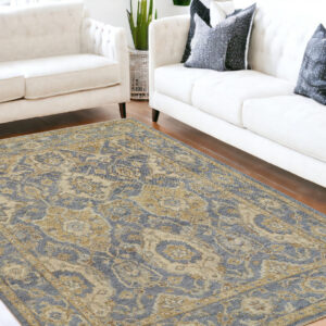 5' X 8' Blue Gold And Tan Wool Floral Hand Knotted Stain Resistant Area Rug With Fringe